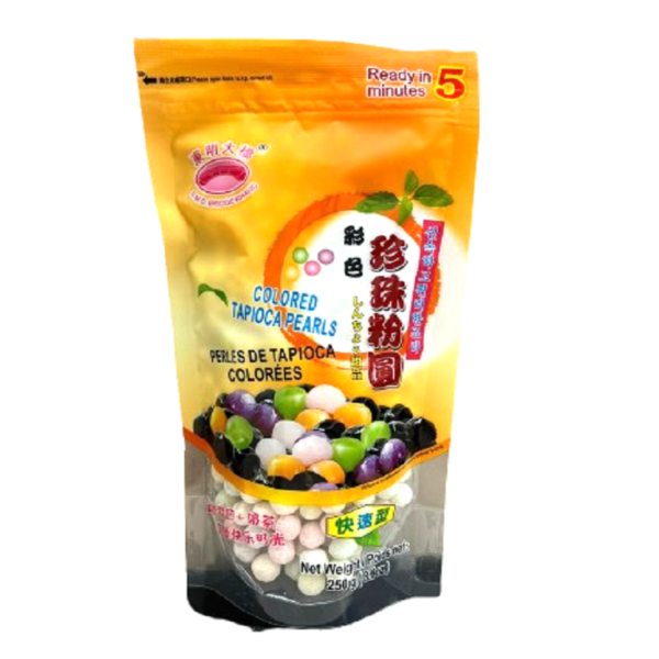 PEROLAS DE TAPIOCA MISTA (AÇÚCAR MASCAVO, CHÁ VERDE E INHAME) 250G DMD 东明大桥彩色珍珠粉圆 COD:6941882535904