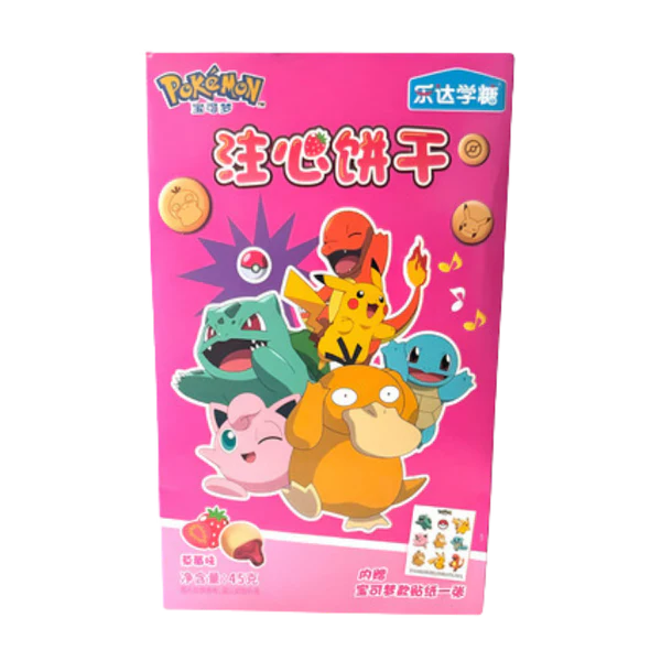 BISCOITO RECHEADO SABOR MORANGO COM ADESIVOS 45G - POKÉMON - LEDA XUETANG COD: 4895241206313